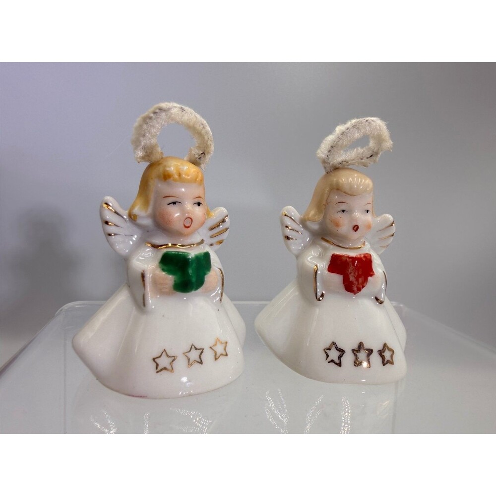 2 Vintage Japan Ceramic Christmas Blond Angel Figurines Choir Singers Chenille